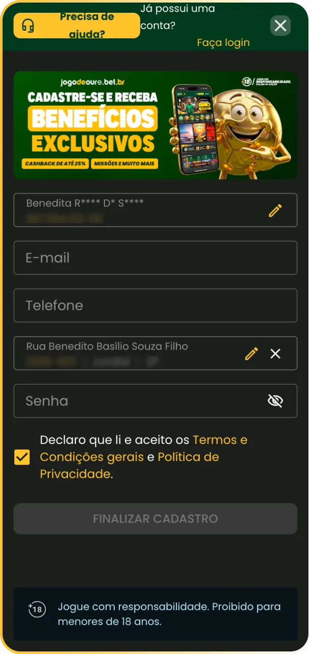 Preencha o formulário com seus dados para criar sua conta Jogo de Ouro.